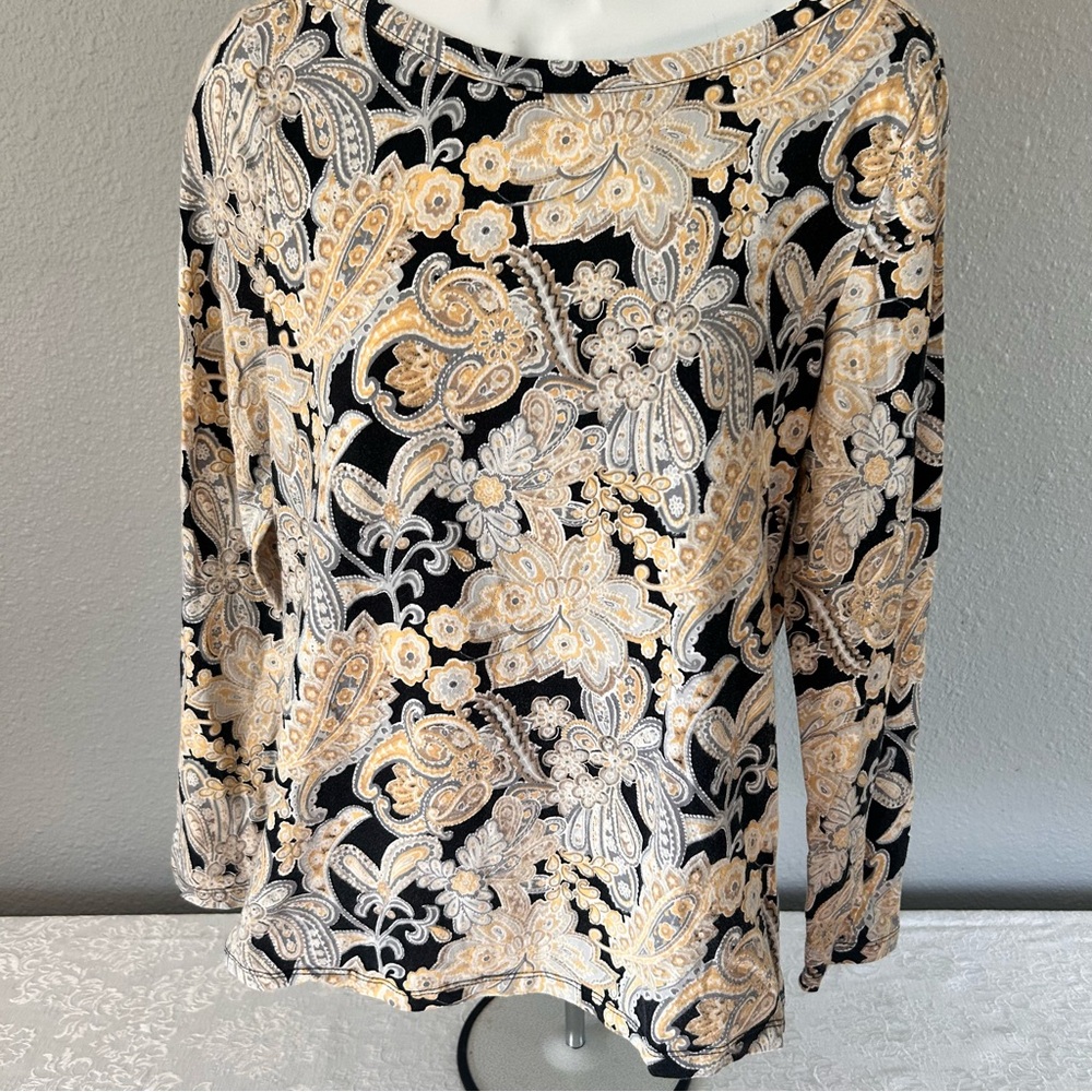 Talbots Cotton Black and Cream Floral Print Blouse women’s Medium